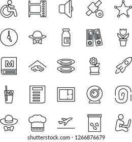 Thin Line Icon Set - departure vector, disabled, office binder, document, flower in pot, seeds, ampoule, satellite, film frame, clock, garage, plan, cook hat, menu, phyto bar, plates, dress code