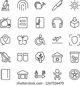 Thin Line Icon Set - departure vector, trash bin, baby, disabled, pen, notepad, document, tree, watering can, butterfly, sun, microscope, mobile tracking, warehouse, package, route, headphones, mute
