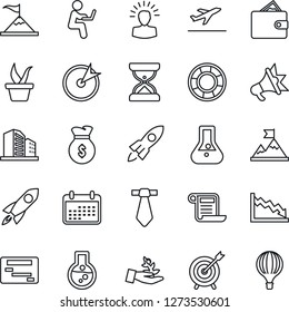 Thin Line Icon Set - departure vector, seedling, target, palm sproute, shining head, motivation, rocket, wallet, money bag, crisis, calendar, flask, schedule, management, advertising, contract, tie
