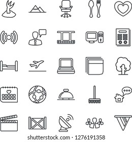 Thin Line Icon Set - departure vector, spoon and fork, reception bell, speaking man, office chair, rake, tree, sproute, heart, medical calendar, container, satellite antenna, clapboard, film frame