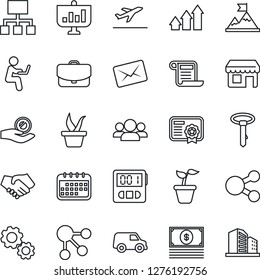 Thin Line Icon Set - departure vector, seedling, stopwatch, group, arrow up graph, gear, motivation, handshake, investment, calendar, cash, case, car, social media, hierarchy, certificate, mail, tie