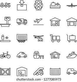 Thin Line Icon Set - departure vector, baggage conveyor, trolley, escalator, larry, ladder car, plane, helicopter, bike, traffic light, sea shipping, truck trailer, cargo container, delivery, port