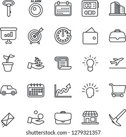Thin Line Icon Set - departure vector, seedling, stopwatch, alarm led, target, palm sproute, shining head, wallet, clock, growth graph, investment, idea, calendar, cart, case, car, mail, contract