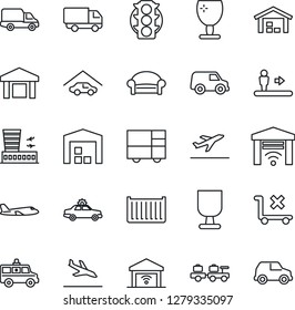 Thin Line Icon Set - departure vector, arrival, escalator, waiting area, alarm car, baggage larry, plane, airport building, ambulance, traffic light, cargo container, delivery, consolidated, fragile