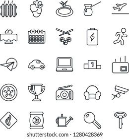 Thin Line Icon Set - departure vector, calendar, watering can, pond, fertilizer, run, real heart, car delivery, radio, laptop pc, mail, key, cushioned furniture, heater, restaurant table, sushi, fan
