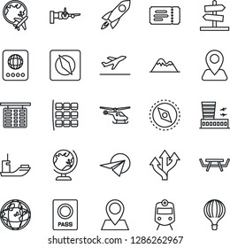 Thin Line Icon Set - departure vector, train, ticket, passport, globe, boarding, helicopter, seat map, flight table, plane, airport building, picnic, route, navigation, pin, sea shipping, compass