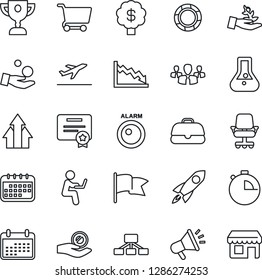 Thin Line Icon Set - departure vector, stopwatch, alarm led, group, arrow up graph, palm sproute, rocket, crisis, office chair, investment, calendar, cart, flask, flag, case, hierarchy, management