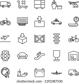 Thin Line Icon Set - departure vector, escalator, waiting area, alarm car, plane, helicopter, globe, bike, traffic light, sea shipping, truck trailer, delivery, port, container, consolidated cargo