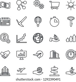 Thin Line Icon Set - departure vector, stopwatch, alarm led, arrow up graph, gear, palm sproute, handshake, clock, earth, growth, money search, investment, calendar, cart, cash, paper plane, tie