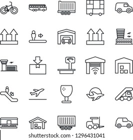 Thin Line Icon Set - departure vector, airport bus, escalator, fork loader, ladder car, building, bike, plane, truck trailer, consolidated cargo, fragile, up side sign, package, heavy scales, garage