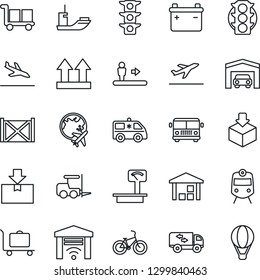 Thin Line Icon Set - departure vector, arrival, baggage trolley, airport bus, train, escalator, fork loader, plane globe, ambulance car, bike, traffic light, sea shipping, container, cargo, package