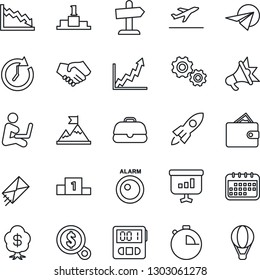 Thin Line Icon Set - departure vector, stopwatch, alarm led, gear, motivation, rocket, handshake, wallet, clock, growth graph, crisis, money search, calendar, case, paper plane, mail, advertising