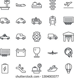 Thin Line Icon Set - departure vector, baggage conveyor, train, escalator, alarm car, plane, luggage scales, globe, ambulance, traffic light, sea shipping, truck trailer, delivery, fragile, heavy