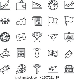 Thin Line Icon Set - departure vector, consumer search, group, arrow up graph, wallet, earth, growth, crisis, flag, cash, calculator, paper plane, mail, advertising, award cup, presentation, tie