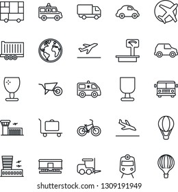 Thin Line Icon Set - departure vector, arrival, baggage trolley, airport bus, train, fork loader, building, wheelbarrow, ambulance car, bike, earth, plane, truck trailer, delivery, fragile, railroad