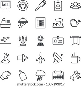 Thin Line Icon Set - departure vector, hot cup, identity, right arrow, storm cloud, pen, calendar, factory, stamp, watering can, sproute, glove, satellite antenna, monitor statistics, abacus, waiter