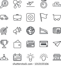 Thin Line Icon Set - departure vector, rec button, alarm led, target, shining head, wallet, earth, crisis, money search, idea, calendar, cart, flag, case, car, paper plane, schedule, social media