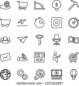 Thin Line Icon Set - departure vector, rec button, stopwatch, target, consumer search, group, gear, palm sproute, earth, crisis, office chair, investment, cart, cash, paper plane, mail, tie