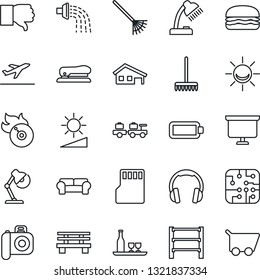 Thin Line Icon Set - departure vector, baggage larry, presentation board, rake, watering, bench, rack, flame disk, camera, headphones, finger down, sd, brightness, battery, desk lamp, stapler, chip