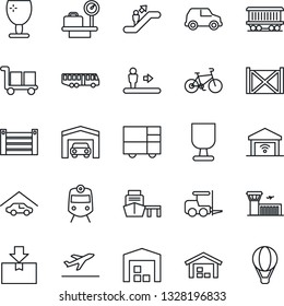 Thin Line Icon Set - departure vector, airport bus, train, escalator, fork loader, luggage scales, building, bike, railroad, sea port, container, consolidated cargo, fragile, package, garage, car