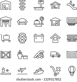 Thin Line Icon Set - departure vector, baggage trolley, escalator, waiting area, ladder car, luggage scales, railroad, traffic light, sea shipping, truck trailer, cargo container, delivery, port, no