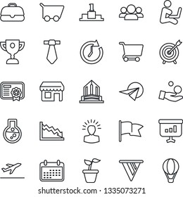 Thin Line Icon Set - departure vector, seedling, target, group, shining head, clock, pennon, crisis, investment, calendar, cart, flask, flag, case, paper plane, certificate, pedestal, award cup, tie