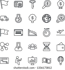 Thin Line Icon Set - departure vector, alarm led, consumer search, group, wallet, earth, crisis, money, flask, flag, cash, car, schedule, social media, certificate, presentation, man with notebook