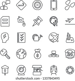 Thin Line Icon Set - departure vector, train, smoking place, plane globe, mobile phone, speaking man, document, brainstorm, stamp, watering can, well, seeds, bird house, earth, 24 hours, radio, key