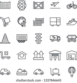 Thin Line Icon Set - departure vector, baggage conveyor, trolley, airport bus, border cone, plane globe, bike, traffic light, sea shipping, truck trailer, cargo container, car delivery, consolidated