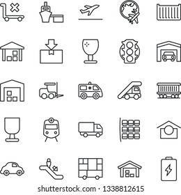 Thin Line Icon Set - departure vector, train, escalator, fork loader, ladder car, seat map, plane globe, ambulance, railroad, traffic light, cargo container, delivery, sea port, consolidated, garage
