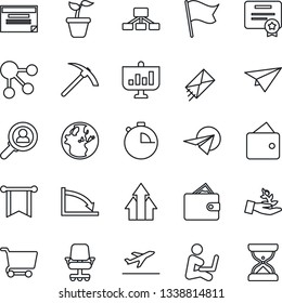 Thin Line Icon Set - departure vector, seedling, stopwatch, consumer search, arrow up graph, palm sproute, wallet, pennon, earth, crisis, office chair, cart, flag, paper plane, schedule, hierarchy