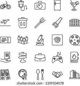 Thin Line Icon Set - departure vector, spoon and fork, ticket, camera, plane globe, handshake, case, team, office binder, document, farm, saw, dropper, microscope, bike, signpost, reel, gamepad