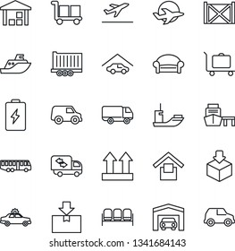 Thin Line Icon Set - departure vector, baggage trolley, airport bus, waiting area, alarm car, plane, sea shipping, truck trailer, delivery, port, container, cargo, warehouse storage, up side sign