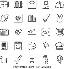 Thin Line Icon Set - departure vector, fence, saw, picnic table, scales, lungs, joint, diet, term, no hook, brightness, fingerprint id, cellular signal, handshake, contract, plan, children room