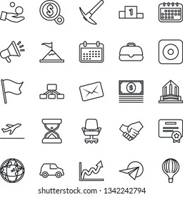 Thin Line Icon Set - departure vector, rec button, motivation, handshake, earth, growth graph, office chair, money search, investment, calendar, flag, cash, case, car, paper plane, hierarchy, mail