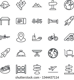 Thin Line Icon Set - departure vector, baggage trolley, ticket, reception bell, bed, larry, ladder car, boarding, luggage storage, bike, route, signpost, earth, pin, plane, sea shipping, mountains