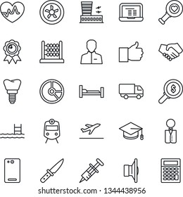 Thin Line Icon Set - departure vector, train, airport building, medal, graduate, notebook pc, circle chart, heart pulse, syringe, diagnostic, hospital bed, implant, car delivery, speaker, finger up