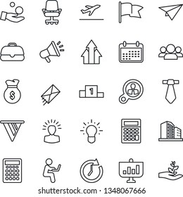 Thin Line Icon Set - departure vector, consumer search, group, arrow up graph, shining head, money bag, clock, pennon, office chair, investment, idea, calendar, flag, case, calculator, paper plane