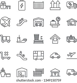 Thin Line Icon Set - departure vector, escalator, luggage scales, airport building, ambulance car, plane, sea shipping, cargo container, delivery, port, consolidated, warehouse storage, up side sign