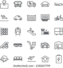 Thin Line Icon Set - departure vector, arrival, airport bus, train, escalator, waiting area, ladder car, plane, seat map, building, ambulance, bike, truck trailer, cargo container, delivery, package