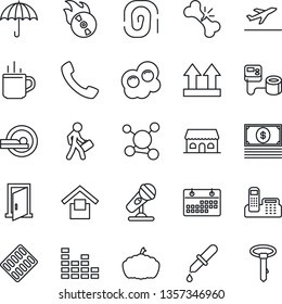 Thin Line Icon Set - departure vector, hot cup, pumpkin, blood pressure, dropper, pills blister, tomography, broken bone, molecule, umbrella, warehouse storage, up side sign, flame disk, microphone