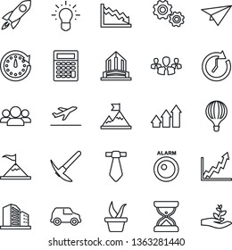 Thin Line Icon Set - departure vector, seedling, alarm led, group, arrow up graph, gear, motivation, rocket, clock, growth, crisis, idea, calculator, car, paper plane, tie, office building, sand