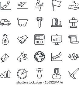 Thin Line Icon Set - departure vector, stopwatch, target, group, arrow up graph, handshake, money bag, earth, growth, investment, cart, flask, flag, car, mail, advertising, presentation, contract