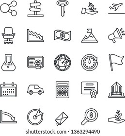 Thin Line Icon Set - departure vector, target, palm sproute, motivation, clock, earth, crisis, office chair, money search, calendar, flask, flag, cash, calculator, car, social media, certificate