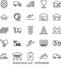 Thin Line Icon Set - departure vector, escalator, fork loader, ladder car, border cone, plane globe, airport building, traffic light, sea shipping, truck trailer, cargo container, delivery, fragile