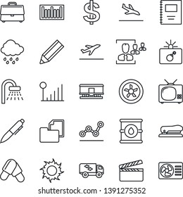 Thin Line Icon Set - departure vector, arrival, bomb in case, shower, dollar sign, pen, sun, rain, pills, folder document, oil barrel, barcode, railroad, clapboard, cellular signal, copybook, hr, tv