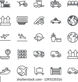 Thin Line Icon Set - departure vector, arrival, baggage trolley, waiting area, alarm car, fork loader, ladder, seat map, airport building, wheelbarrow, ambulance, earth, plane, sea shipping, port