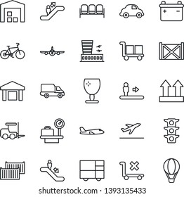 Thin Line Icon Set - departure vector, escalator, waiting area, fork loader, plane, luggage scales, airport building, bike, traffic light, cargo container, car delivery, consolidated, fragile