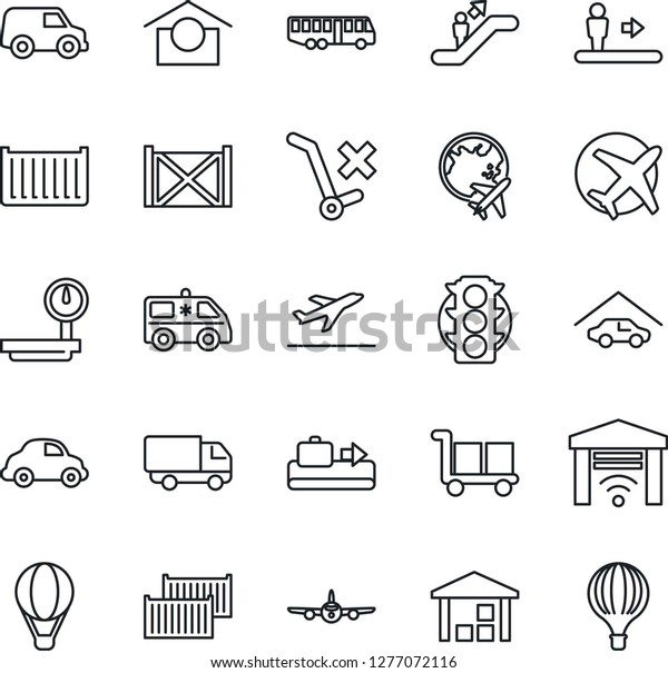 Thin Line Icon Set - departure vector, baggage\
conveyor, airport bus, escalator, plane, globe, ambulance car,\
traffic light, cargo container, delivery, warehouse storage, no\
trolley, heavy scales