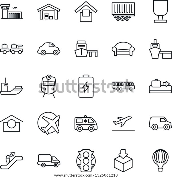 Thin Line Icon Set - departure vector, baggage\
conveyor, airport bus, train, escalator, waiting area, larry,\
building, ambulance car, plane, traffic light, sea shipping, truck\
trailer, delivery